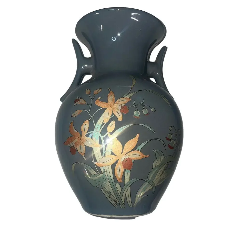 Vintage Shaddy Japan Large Gray Vase Orange Cattleya Orchids Flowers & Gold Trim